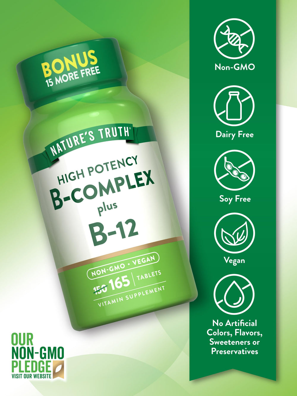 Close-up of B-Complex tablets reveals vegan, non-GMO tablets in an honest formula