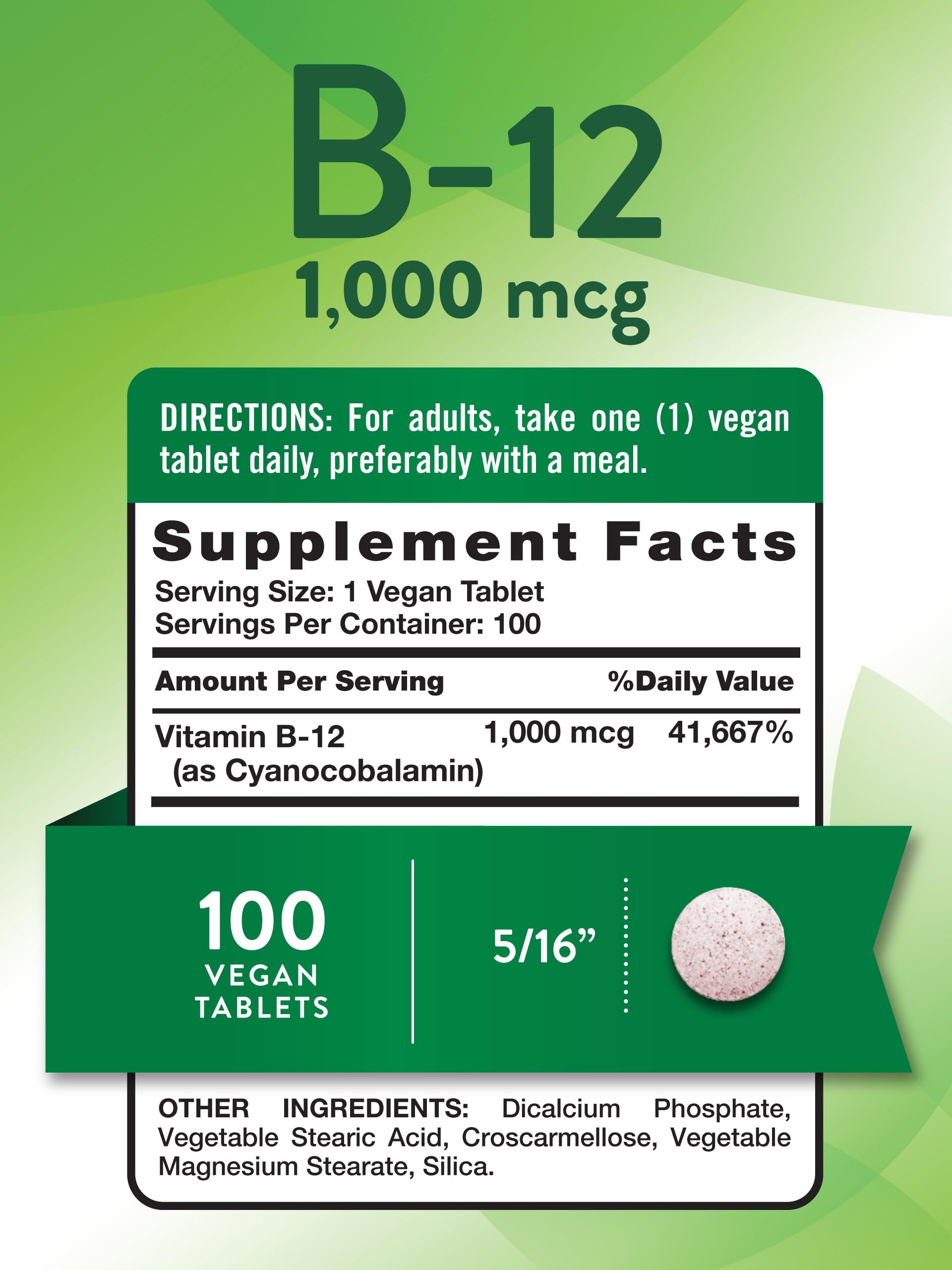 Nature's Truth Vitamin B12 1000 mcg tablets bottle side view, vegan-friendly.