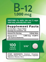 Nature's Truth Vitamin B12 1000 mcg tablets bottle side view, vegan-friendly.