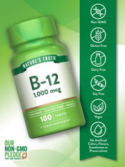 Nature's Truth Vitamin B12 1000 mcg tablets closeup, convenient daily supplement.