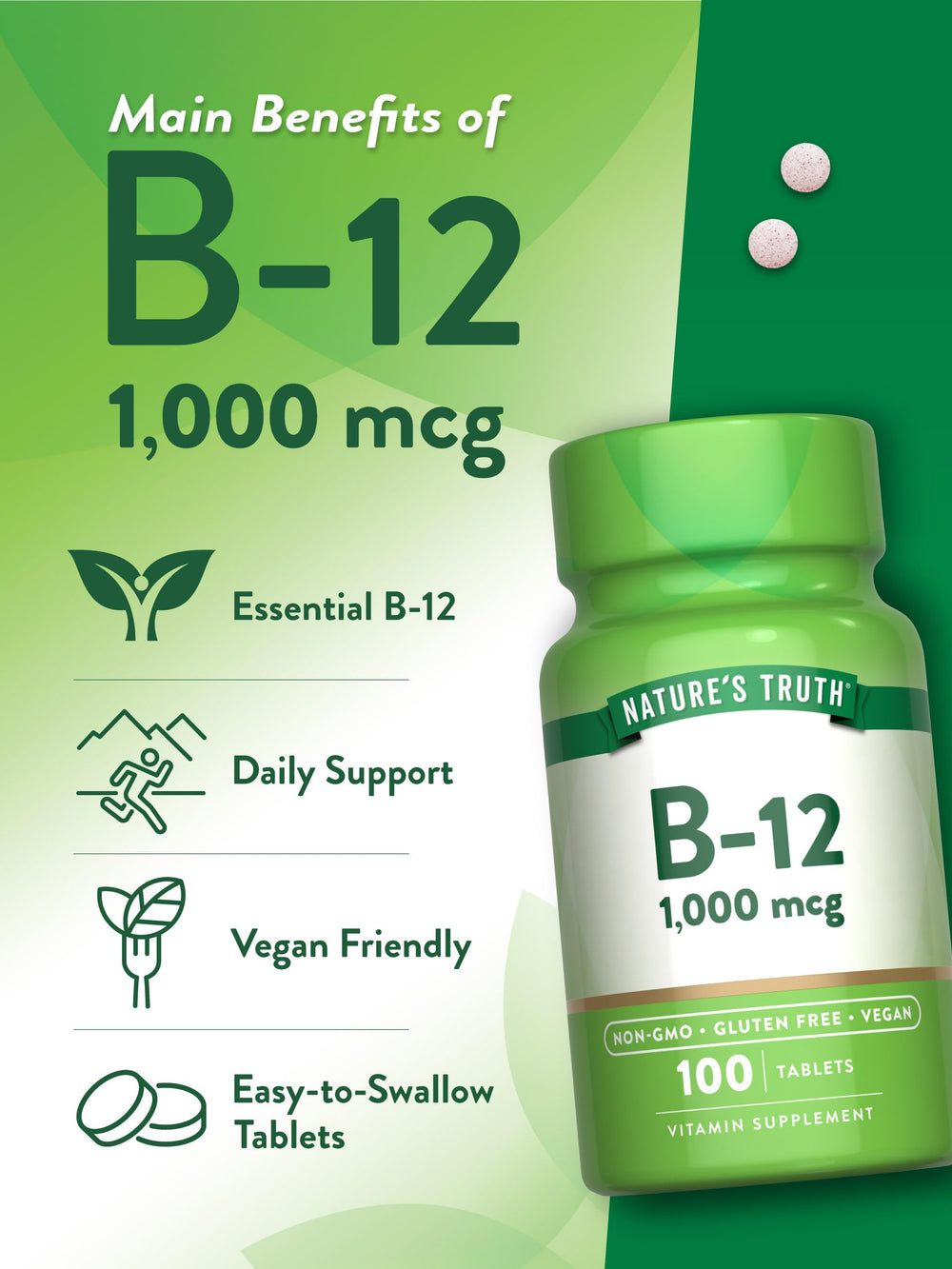 Nature's Truth Vitamin B12 1000 mcg tablets show gluten-free and non-GMO seals.