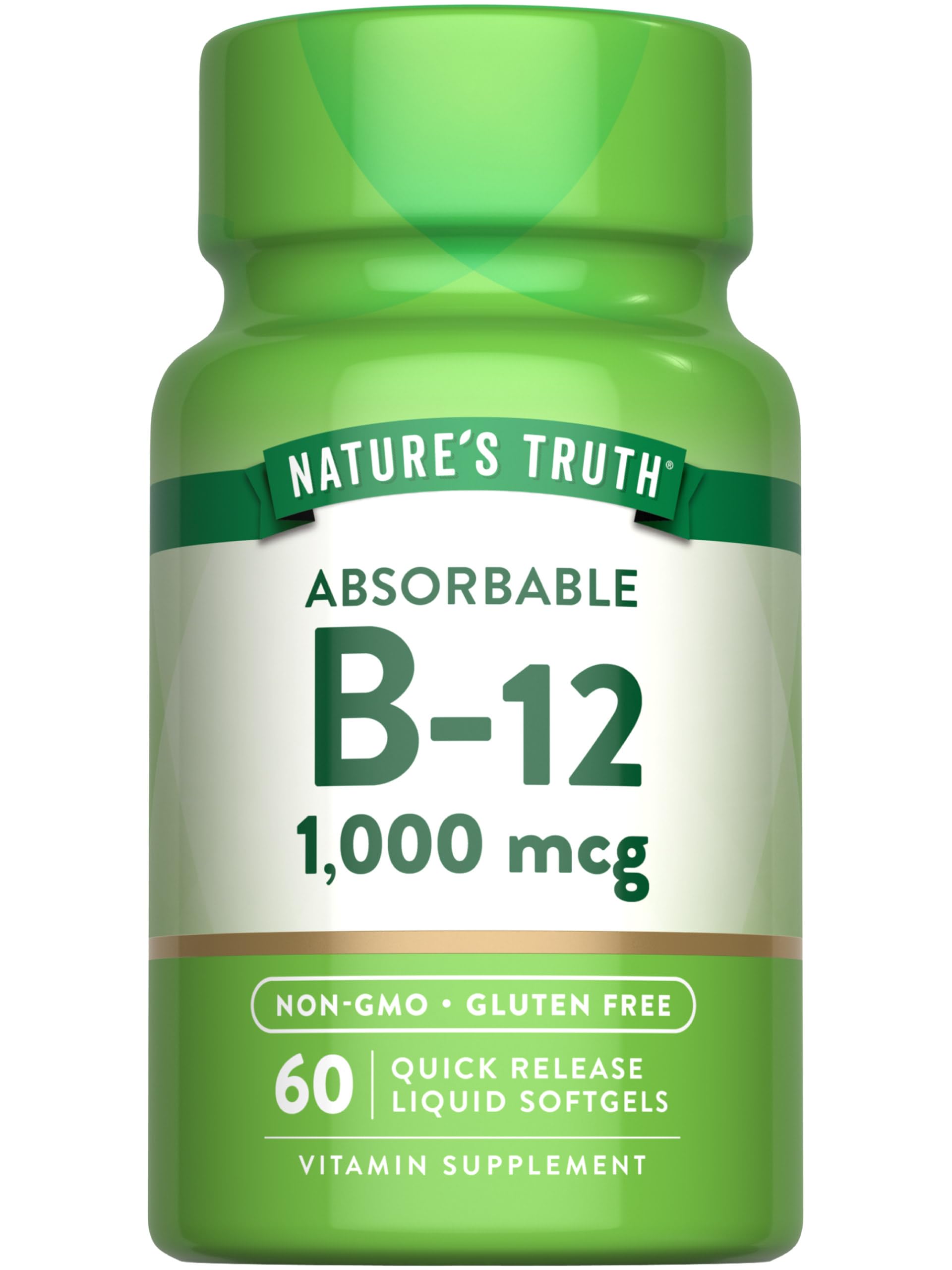 Nature's Truth Vitamin B12 bottle shows 1000 mcg per softgel for daily wellness.
