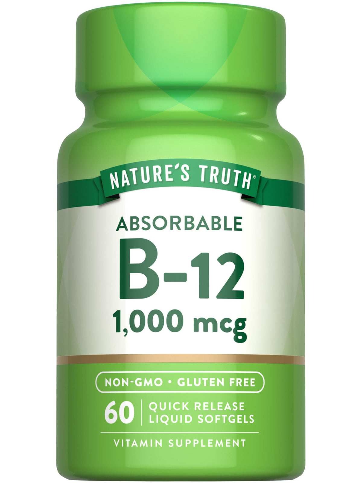 Nature's Truth Vitamin B12 bottle shows 1000 mcg per softgel for daily wellness.