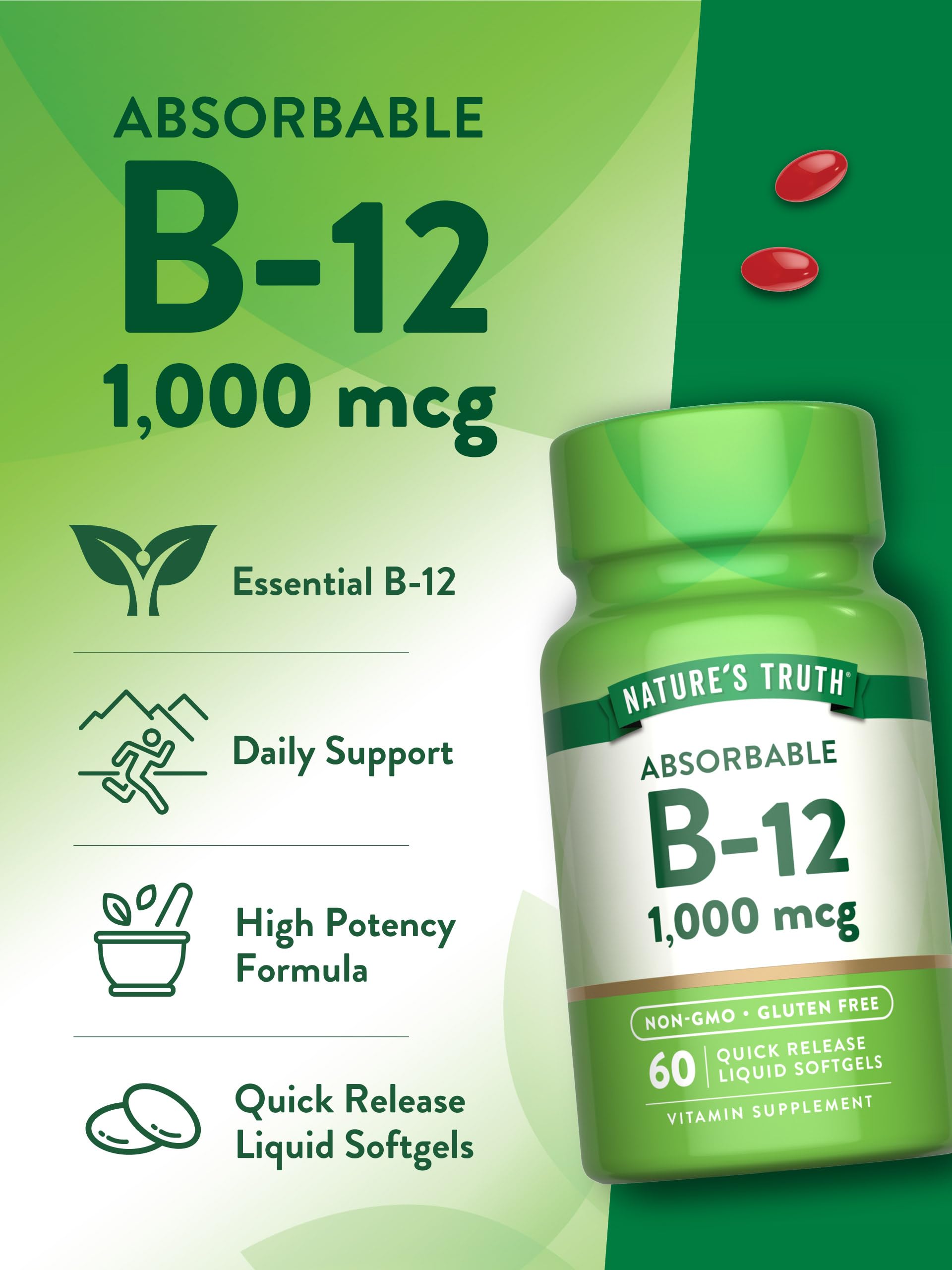 Bottle scene with non-GMO and gluten-free badges on Nature's Truth packaging.