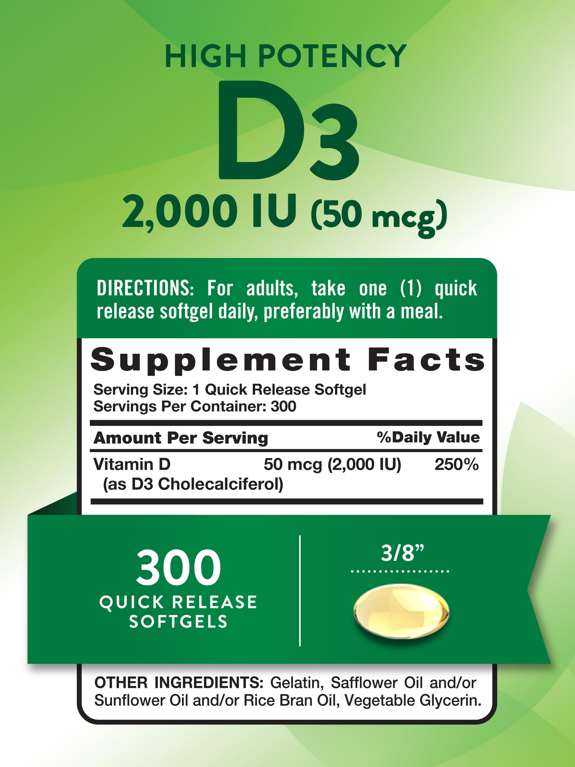 Close-up of Nature's Truth Vitamin D3 2000 IU softgels for easy daily intake.