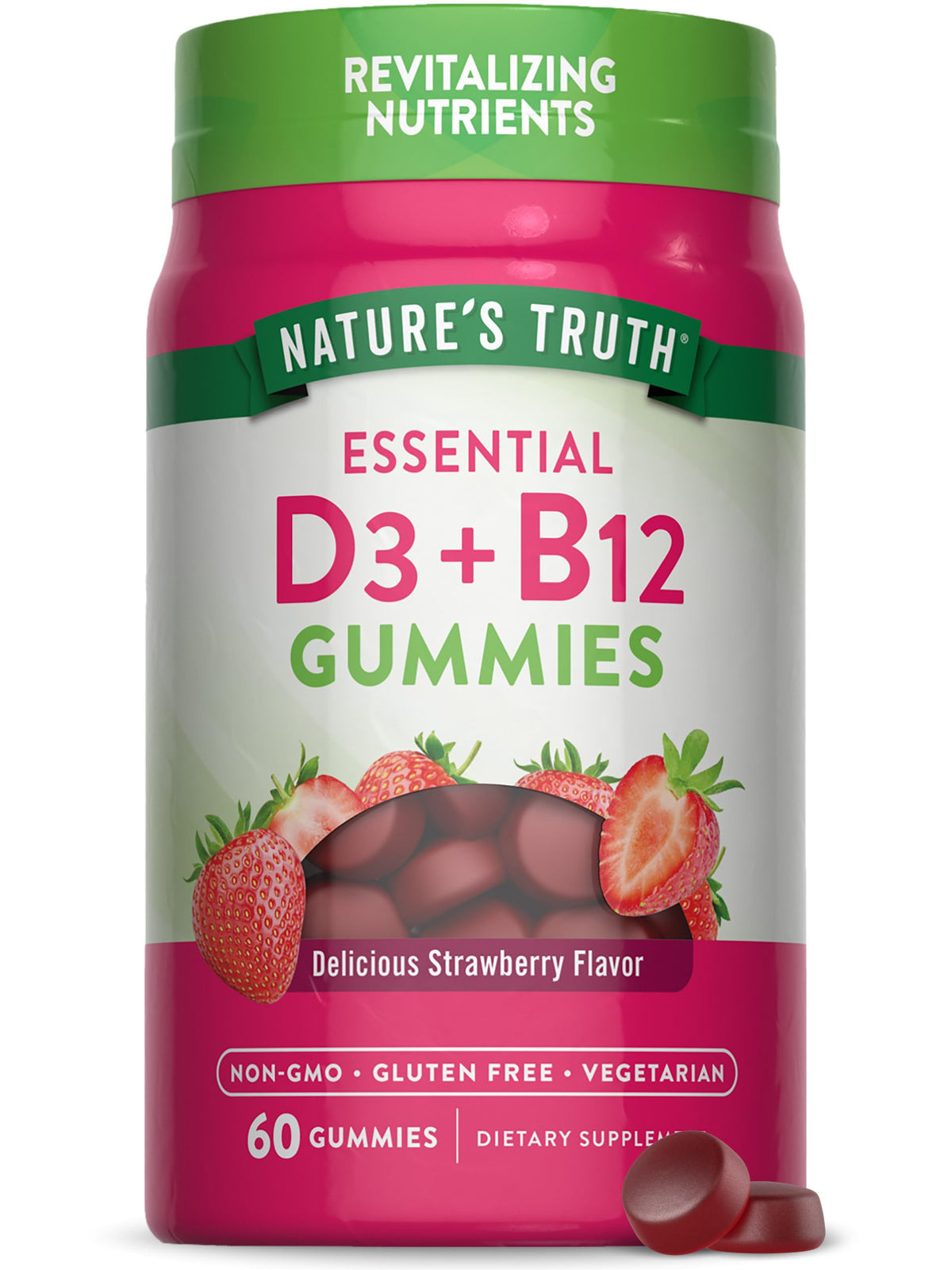 Nature's Truth Vitamin D3 and B12 gummies bottle, strawberry flavor, daily wellness support.