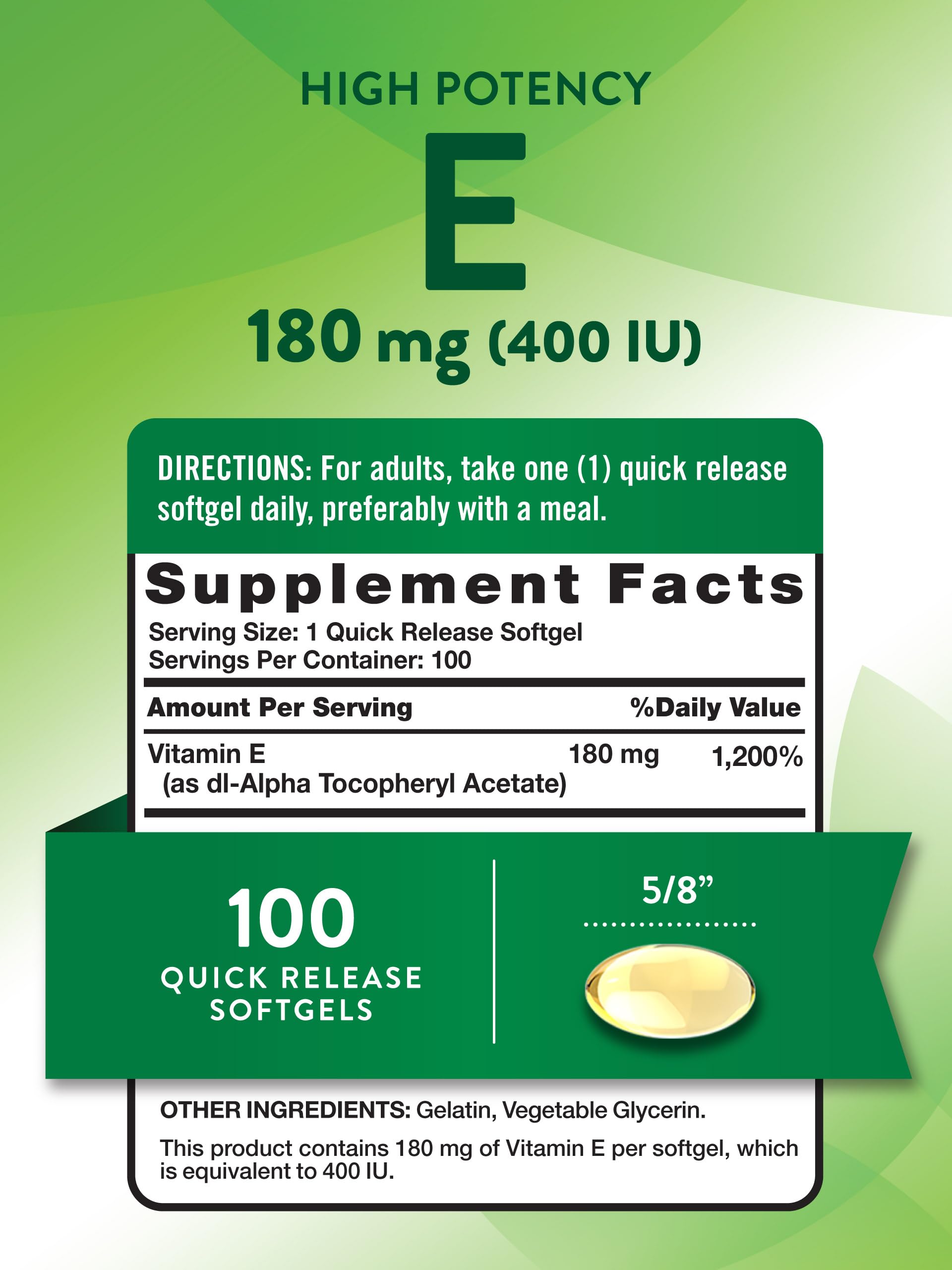 Nature's Truth Vitamin E softgels label close-up highlighting gluten-free and Non-GMO quality