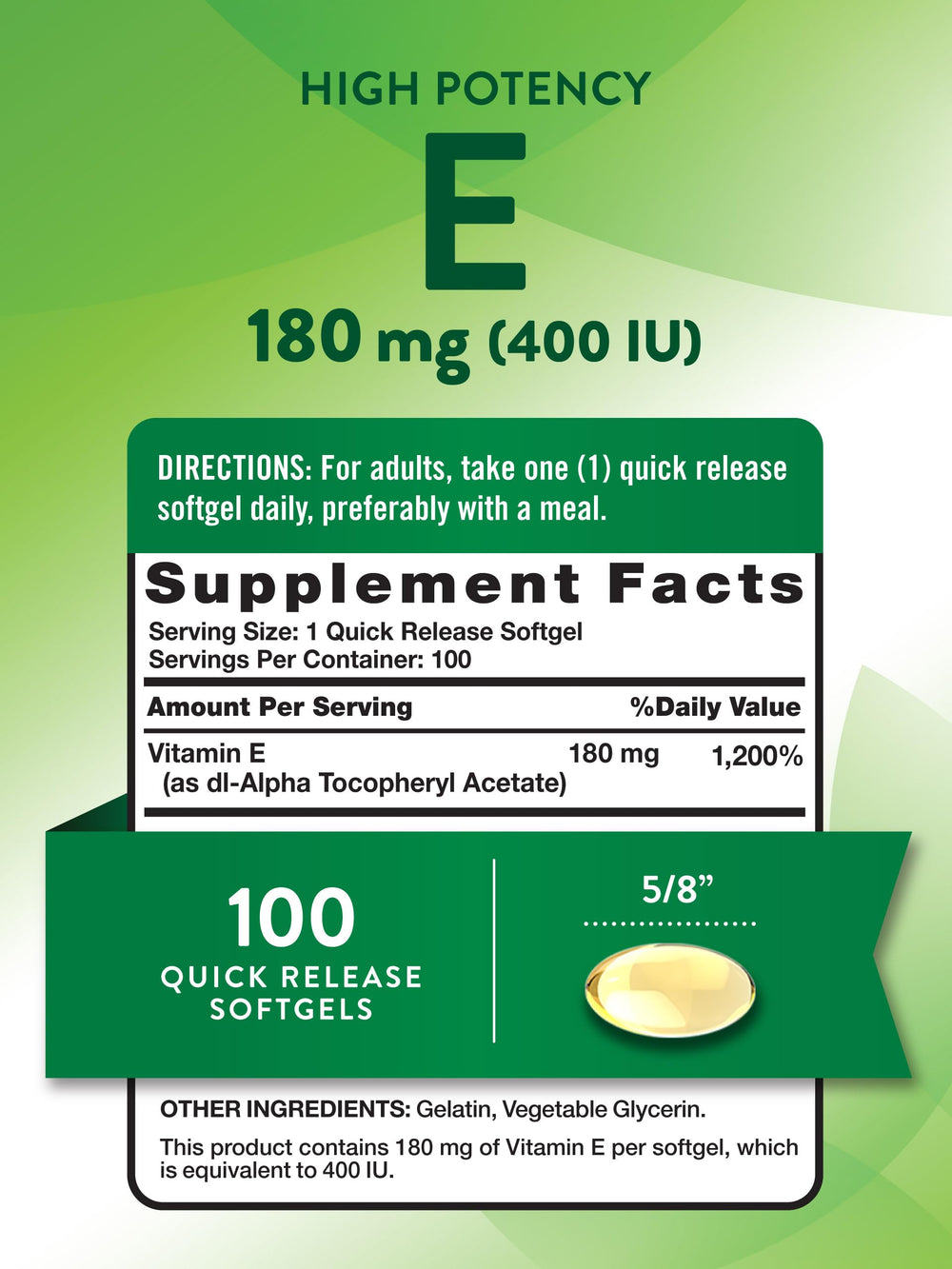 Nature's Truth Vitamin E softgels label close-up highlighting gluten-free and Non-GMO quality