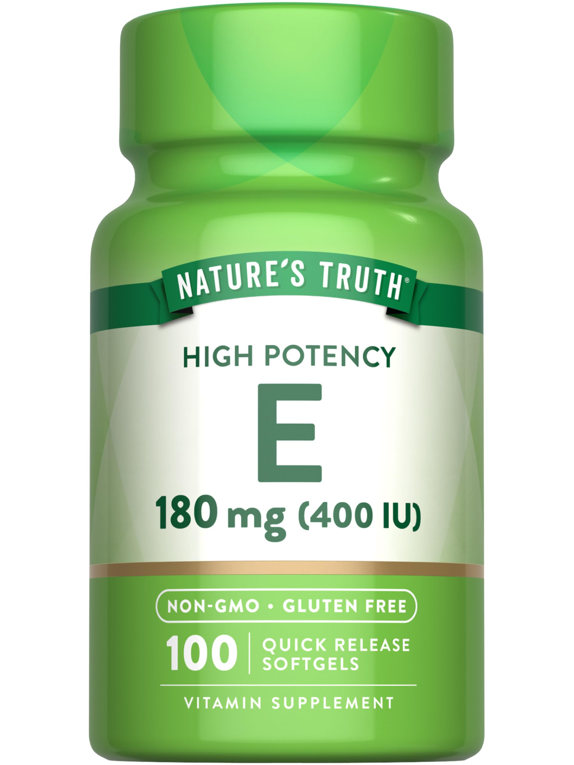 Nature's Truth Vitamin E softgels bottle close-up showing high potency 400 IU per softgel