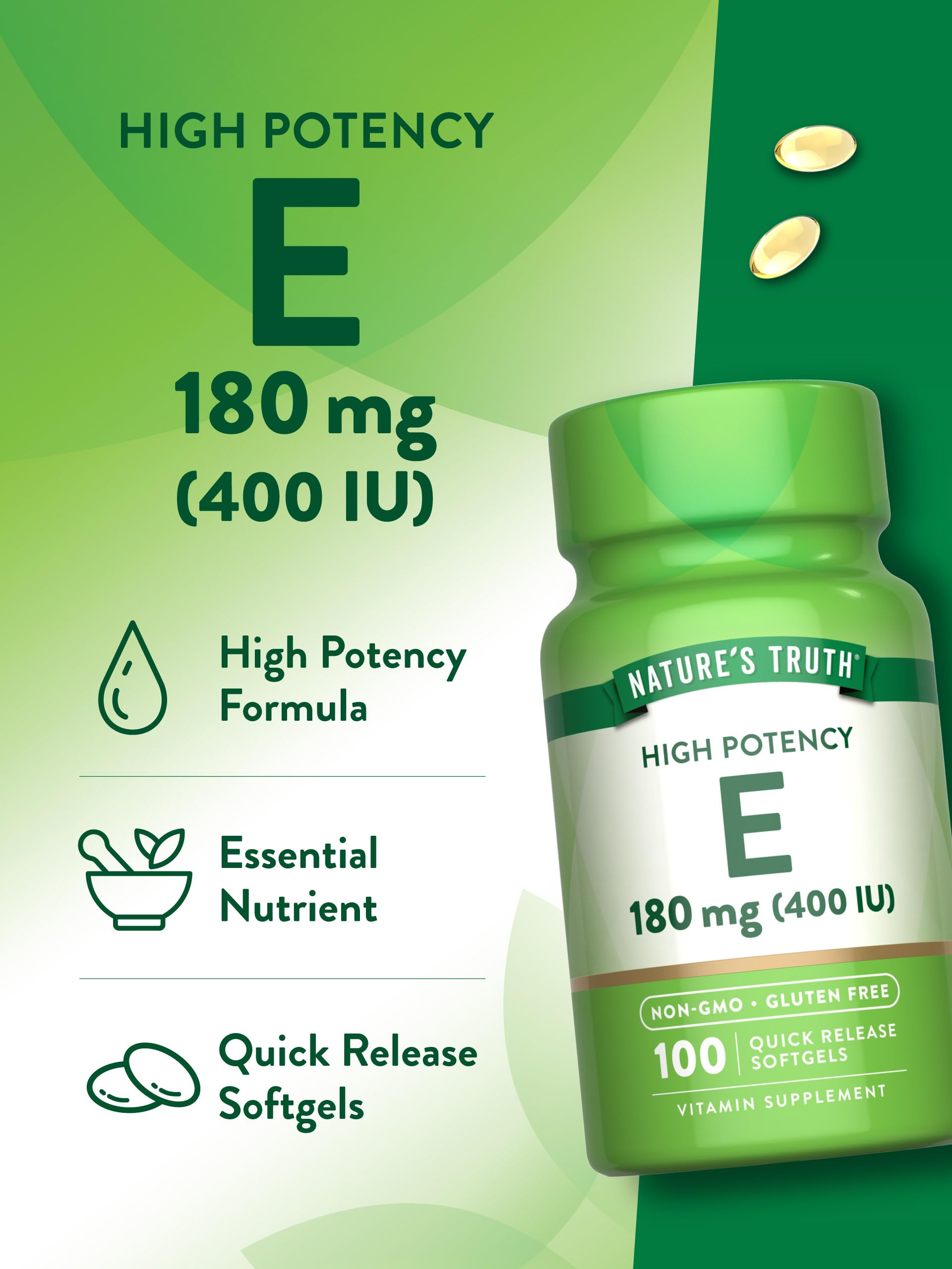 Nature's Truth Vitamin E softgels label with Non-GMO badge