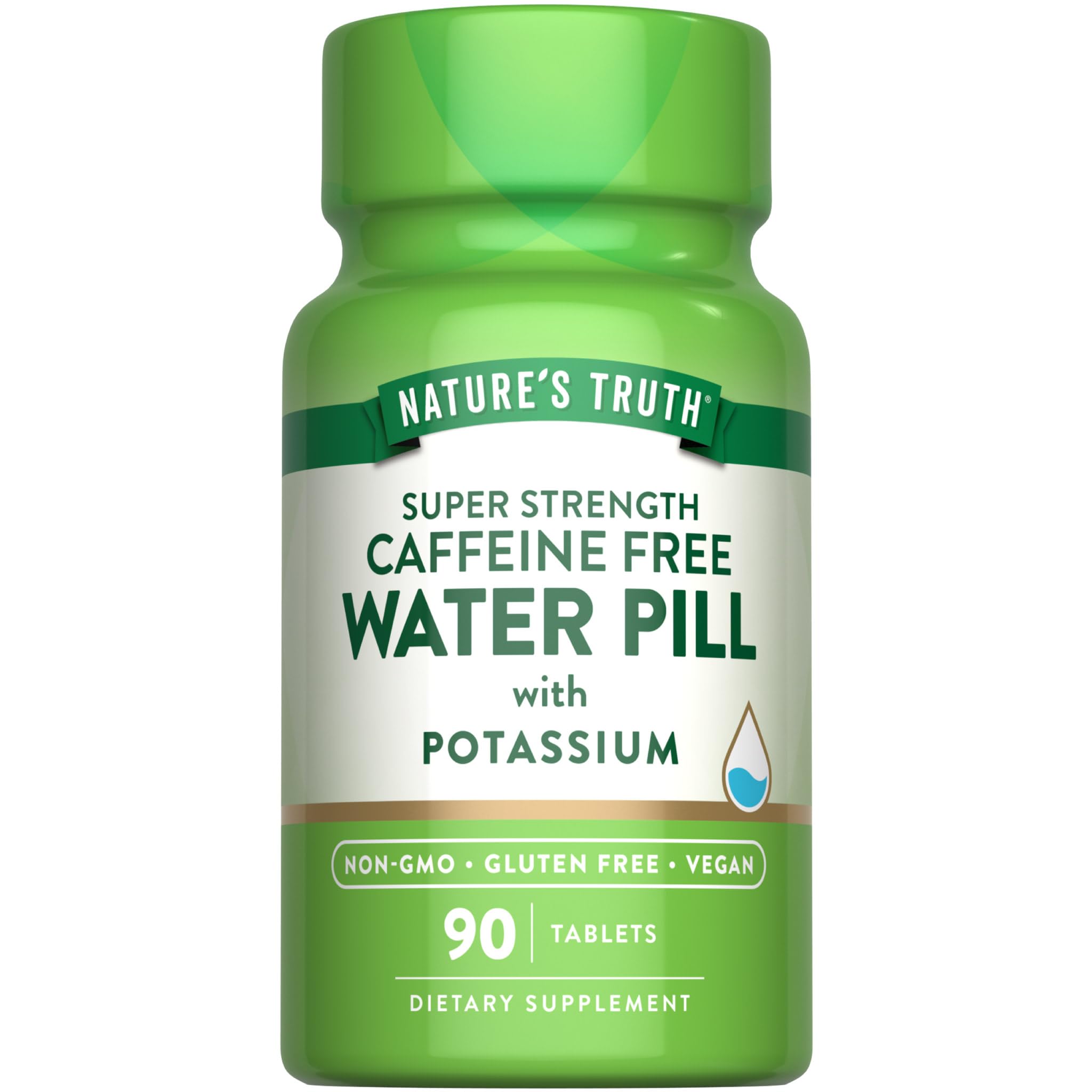 Nature's Truth water pill bottle close-up showing caffeine-free potassium support for hydration