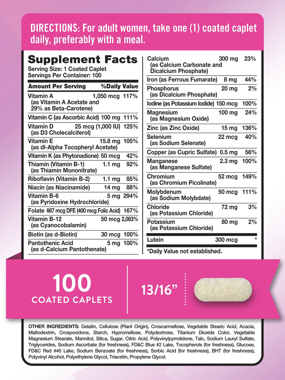 Nature's Truth bottle side view highlighting 100 caplets in the container