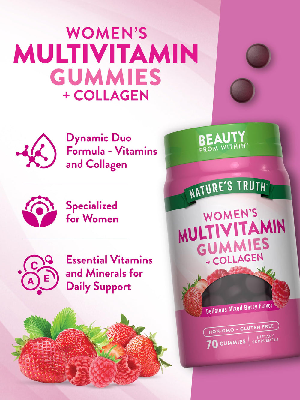 Ingredient panel displays vitamins, minerals, collagen, and biotin