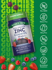 Nature's Truth Zinc Gummies berry packaging front emphasizes vegan, gluten-free formula.