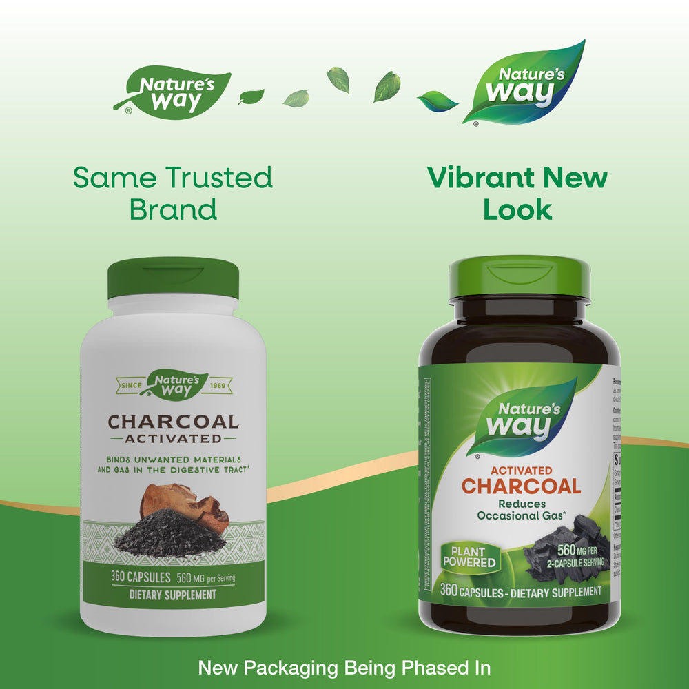 Nature's Way Activated Charcoal bottle back label with usage directions.