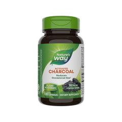 Nature's Way Activated Charcoal capsules bottle front, convenient gas and digestion support.
