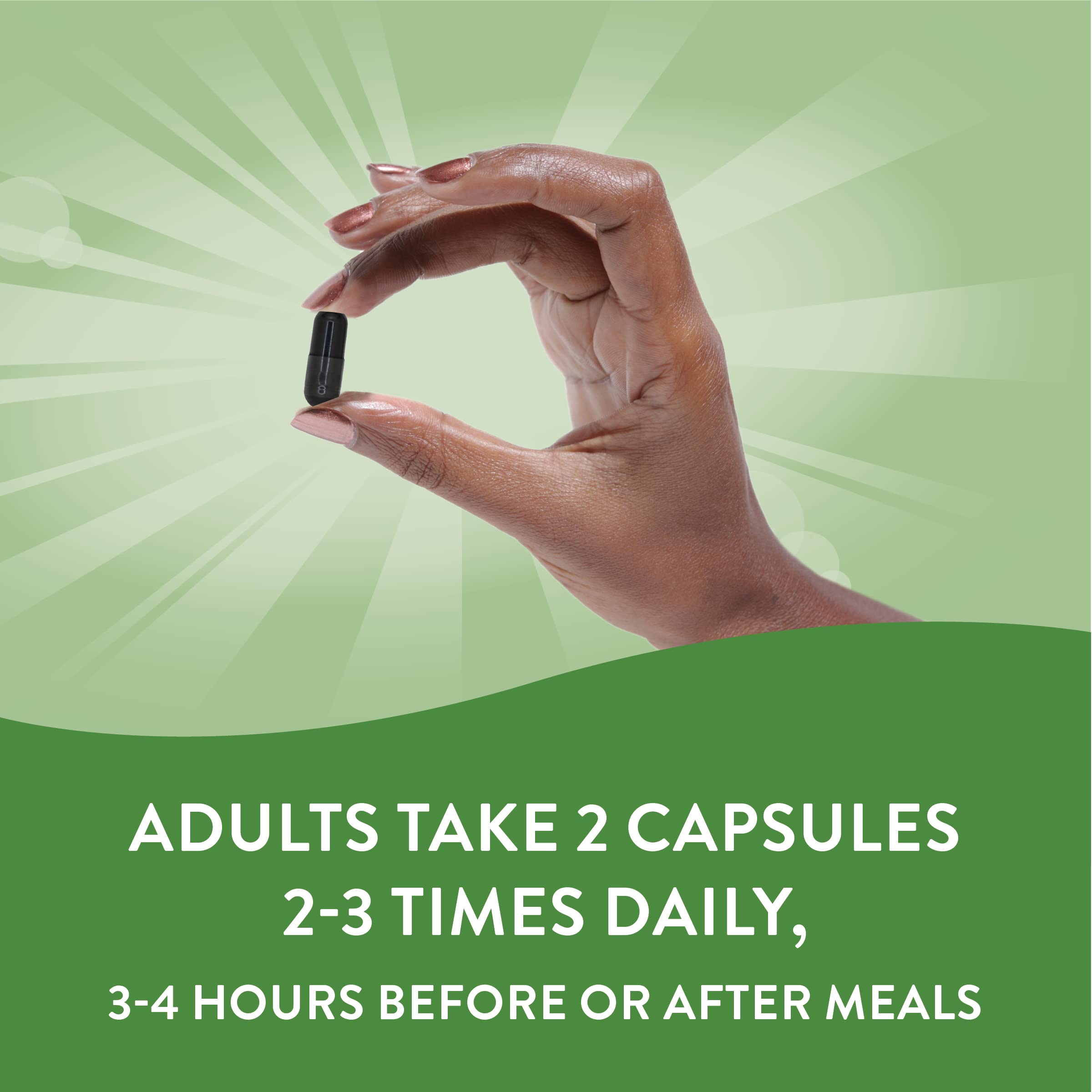 Nature's Way Activated Charcoal capsules closeup, mess-free alternative to powders.