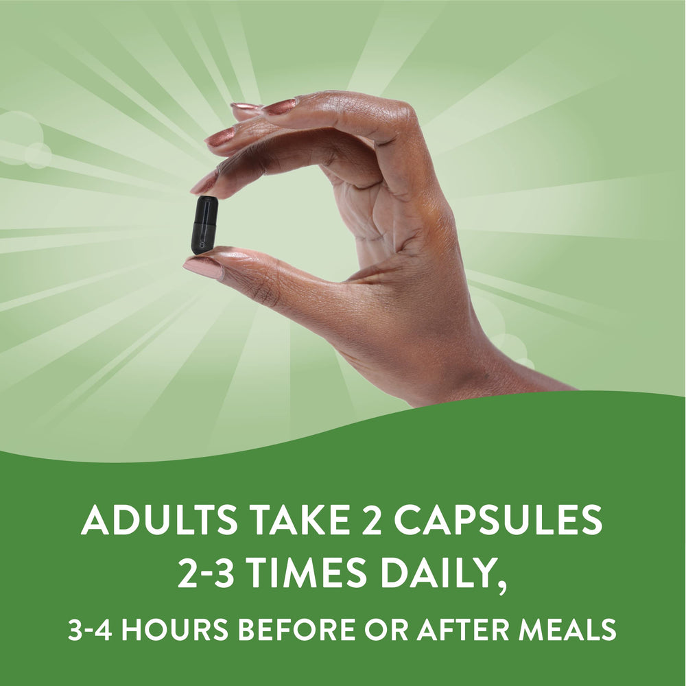 Nature's Way Activated Charcoal capsules closeup, mess-free alternative to powders.