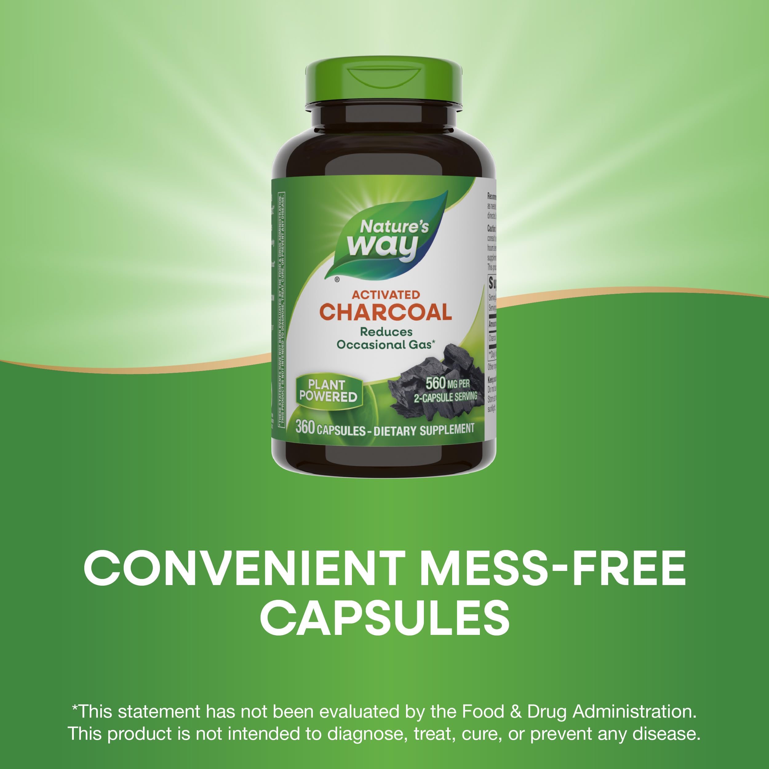 Nature's Way Activated Charcoal gluten-free badge indicating allergen-free status.