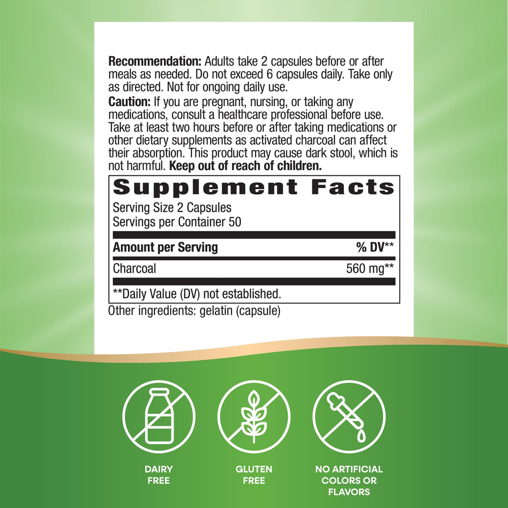 Nature's Way Activated Charcoal ingredients label with gluten-free formula.