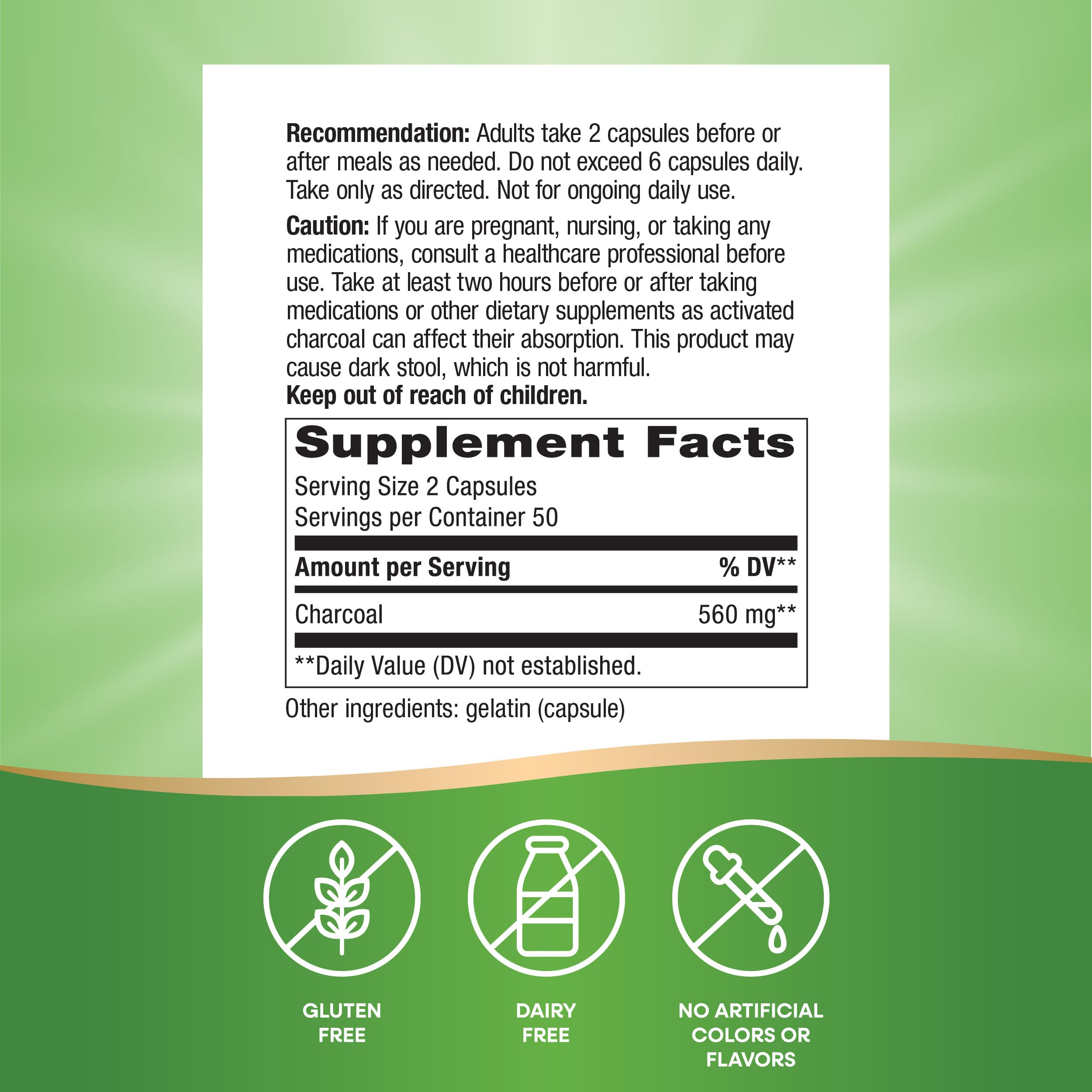Nature's Way Activated Charcoal gluten-free label on bottle