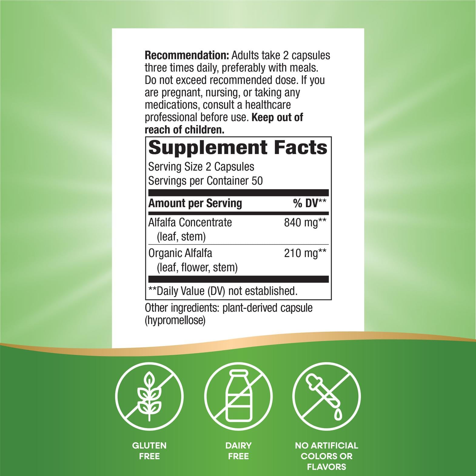 Nature's Way Alfa-Max bottle back label notes 840 mg per serving.