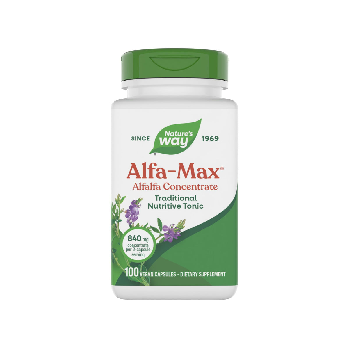 Nature's Way Alfa-Max bottle front highlighting vegan, gluten-free alfalfa supplement.