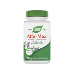 Nature's Way Alfa-Max bottle front highlighting vegan, gluten-free alfalfa supplement.
