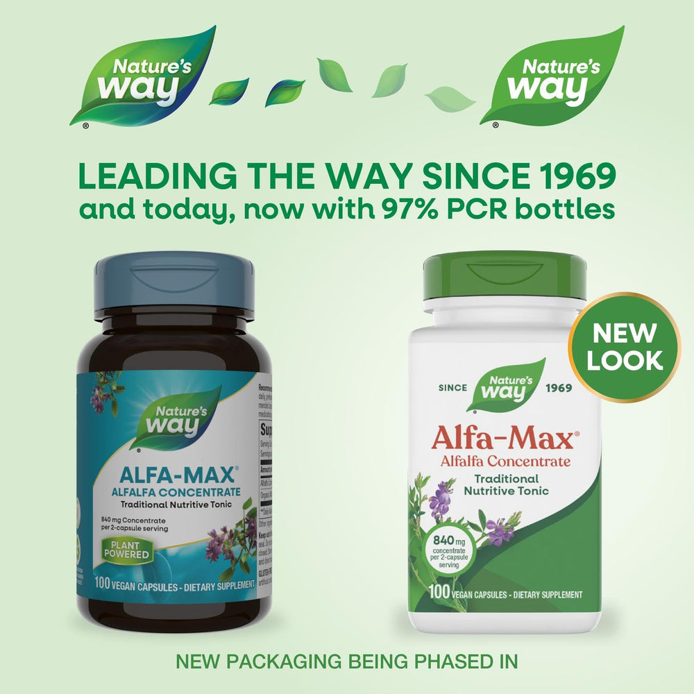 Nature's Way Alfa-Max capsules closeup showing plant-based form.