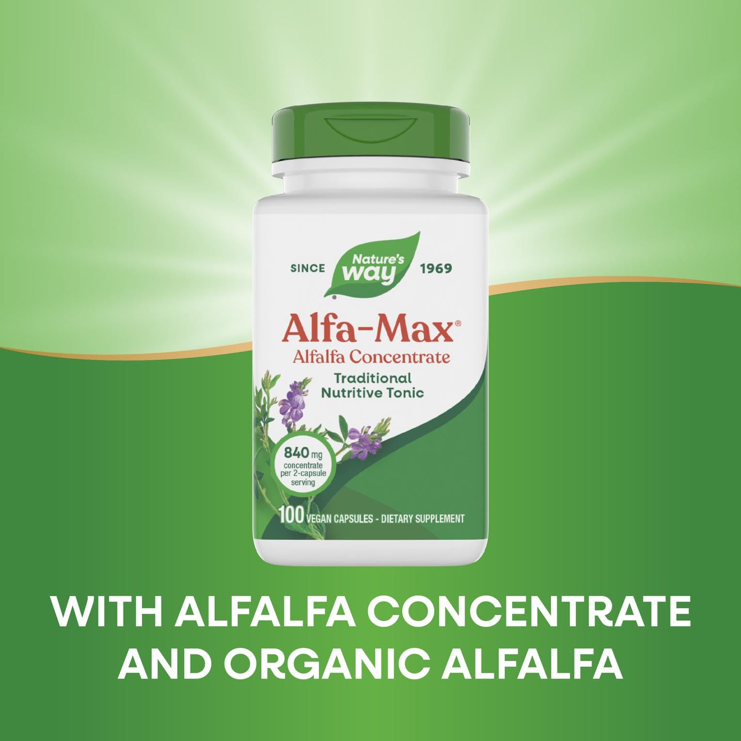 Nature's Way Alfa-Max ingredients panel shows gluten-free and vegan features.