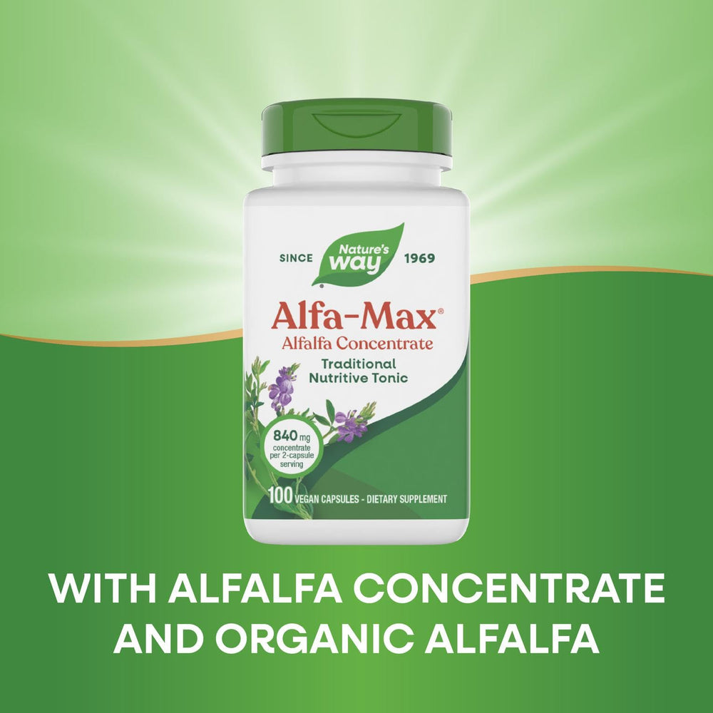 Nature's Way Alfa-Max ingredients panel shows gluten-free and vegan features.