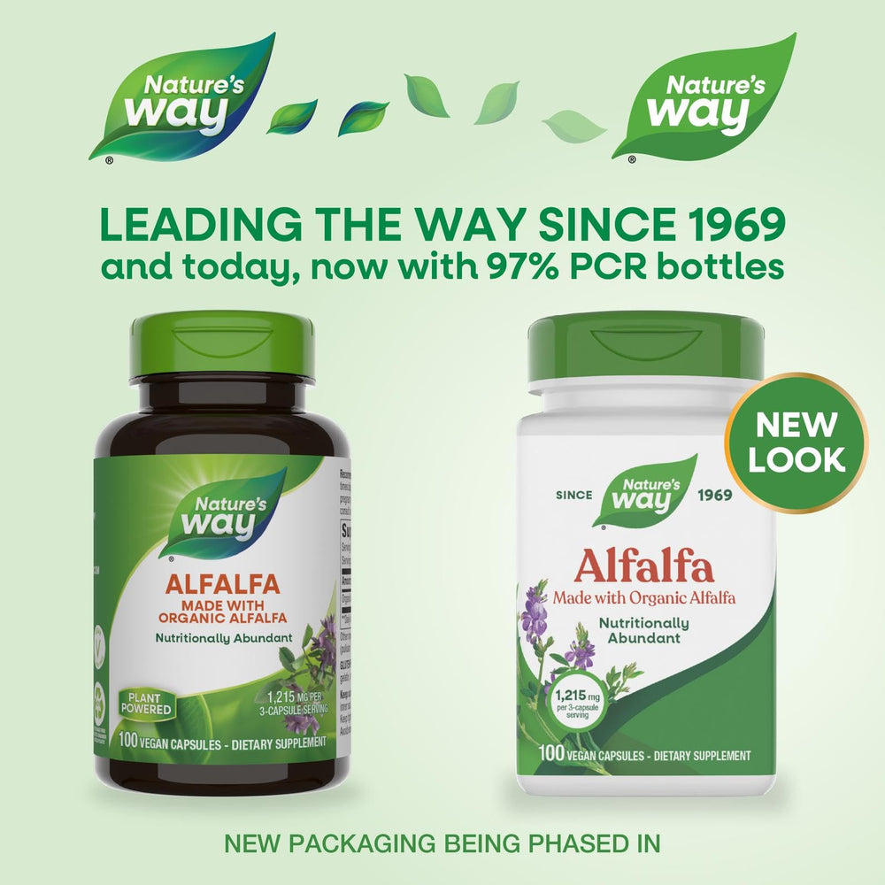 Nature's Way Alfalfa label detail highlighting organic alfalfa origin