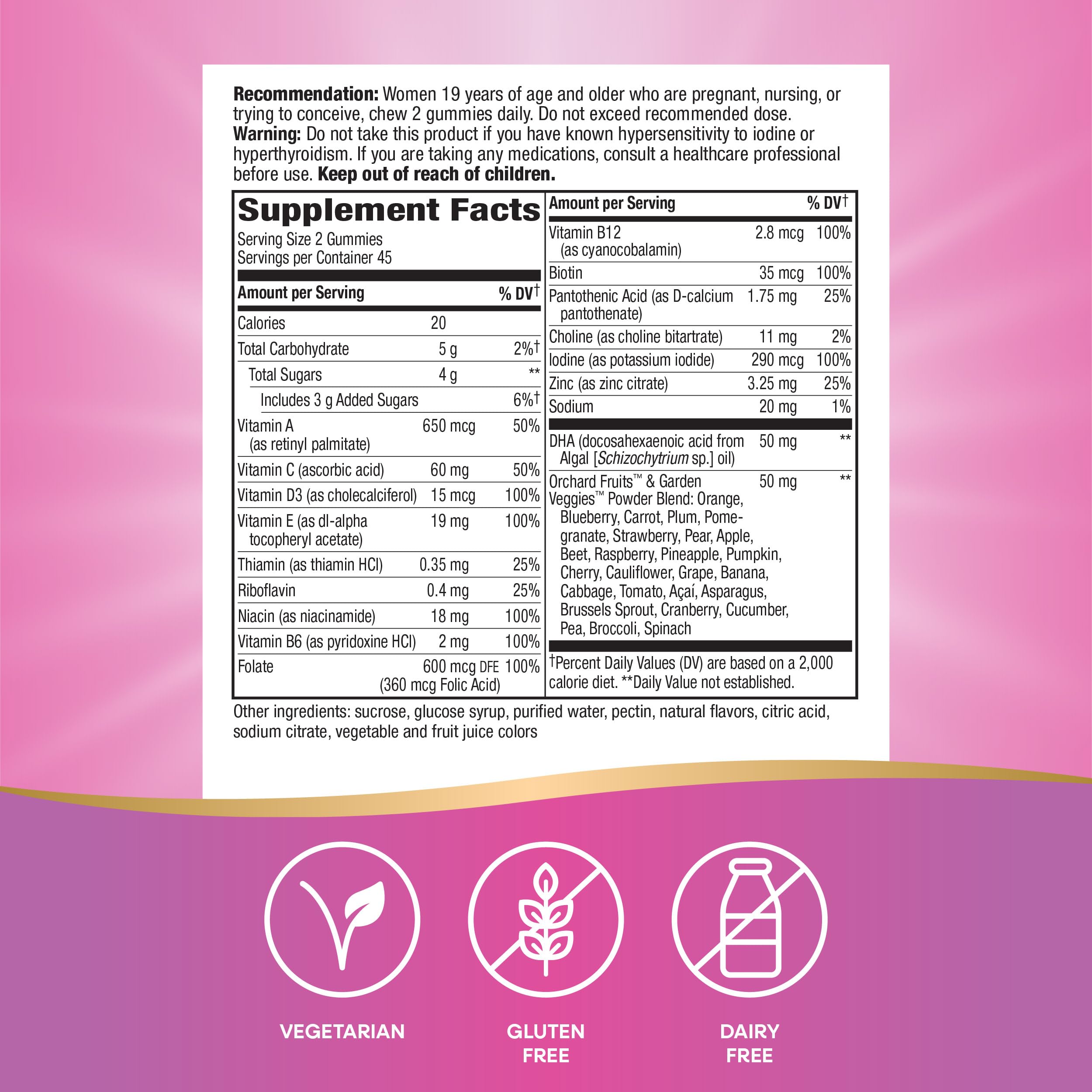 Two gummies deliver 100% daily value of eight vitamins.