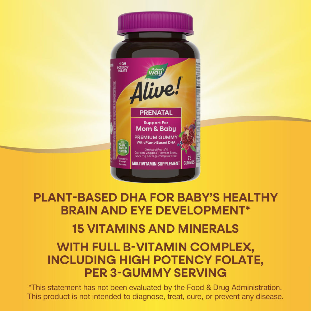 Plant-based DHA content in Alive Prenatal gummies for potential brain and eye development support