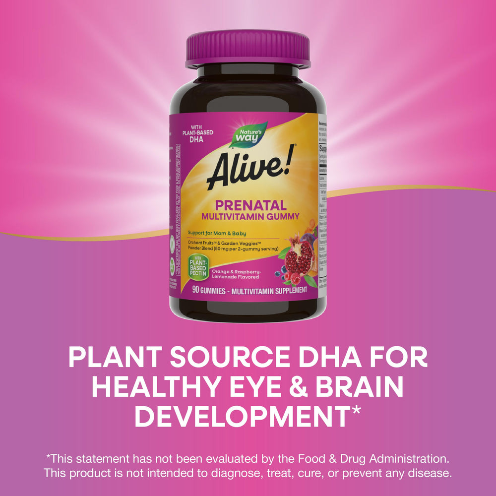 Gluten-free vegetarian Alive Prenatal gummies free from dairy, wheat, peanuts, and eggs.