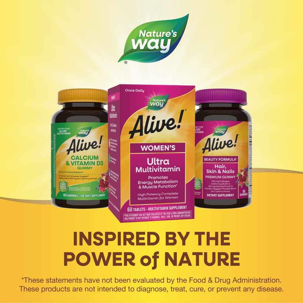 Nature's Way Alive! Women bottle showcases gluten-free formula with no artificial colors.