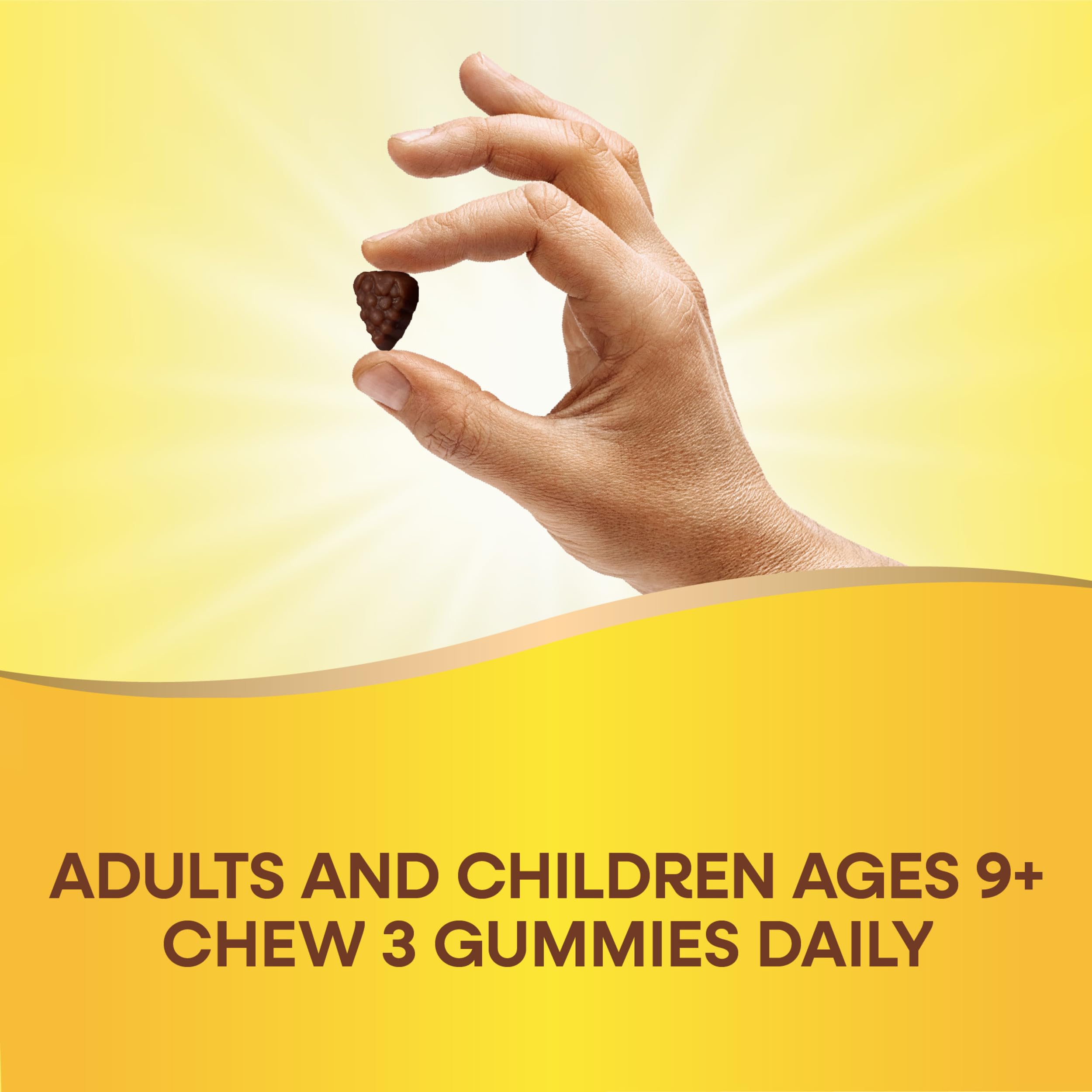 Serving size image shows three gummies for daily use