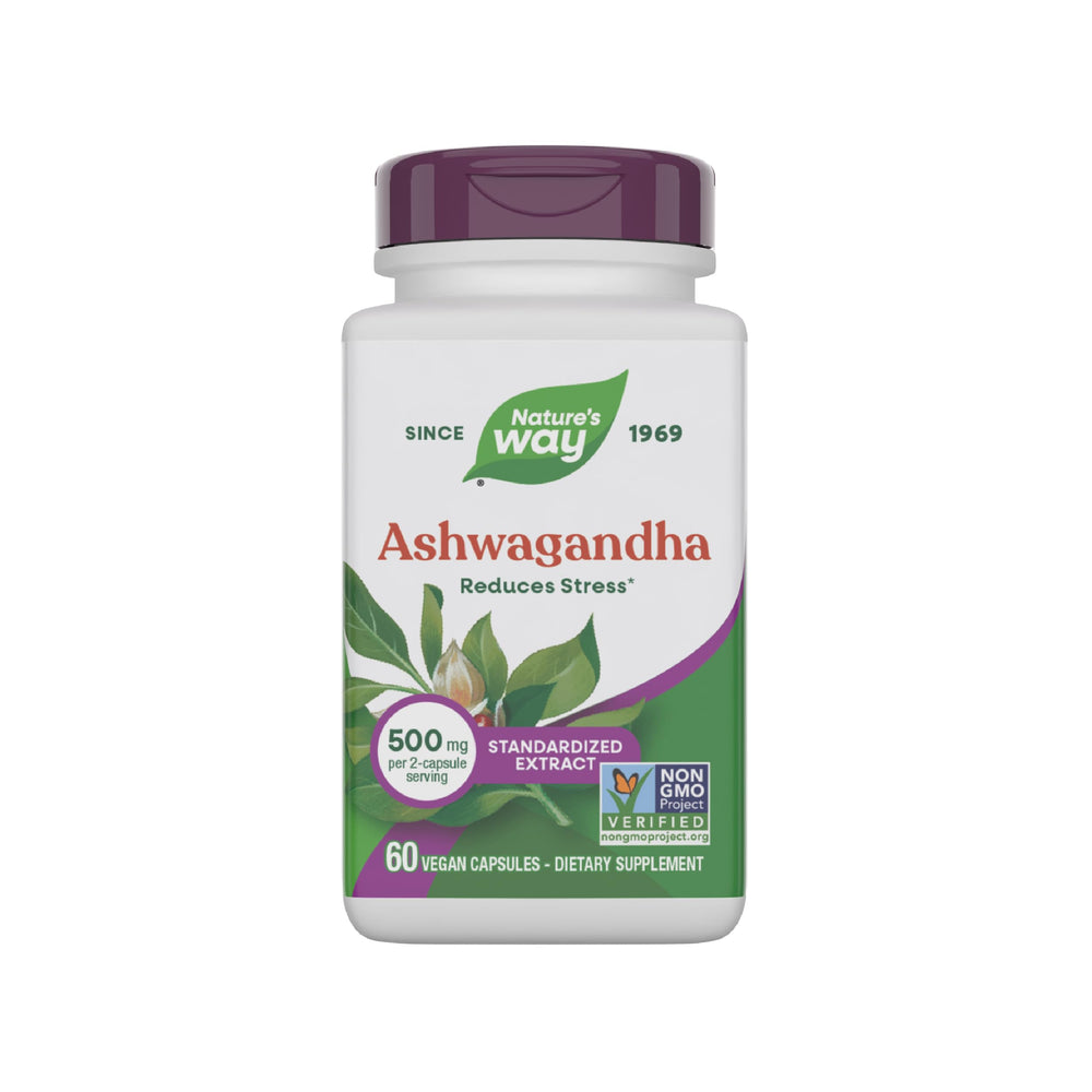 Nature's Way Ashwagandha bottle front highlighting premium extract for stress support.
