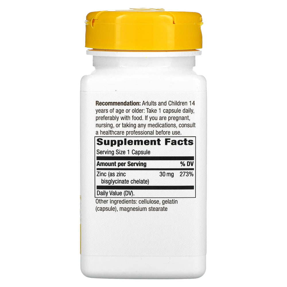 Close-up of Nature's Way zinc chelate capsules highlighting a high potency formula.
