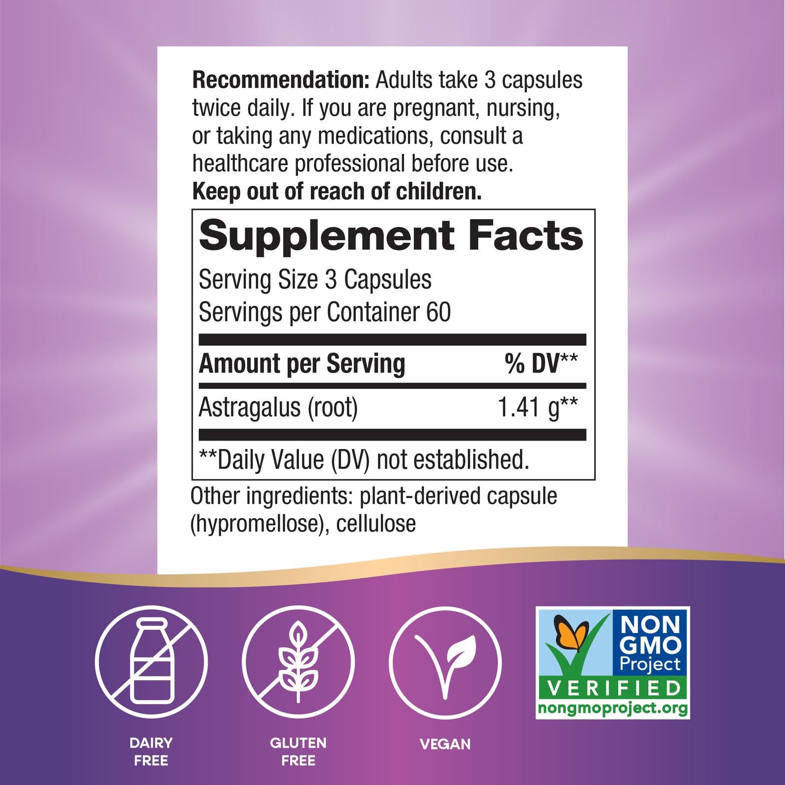 Nature's Way Astragalus Root capsules closeup highlights vegan, non-GMO formulation.