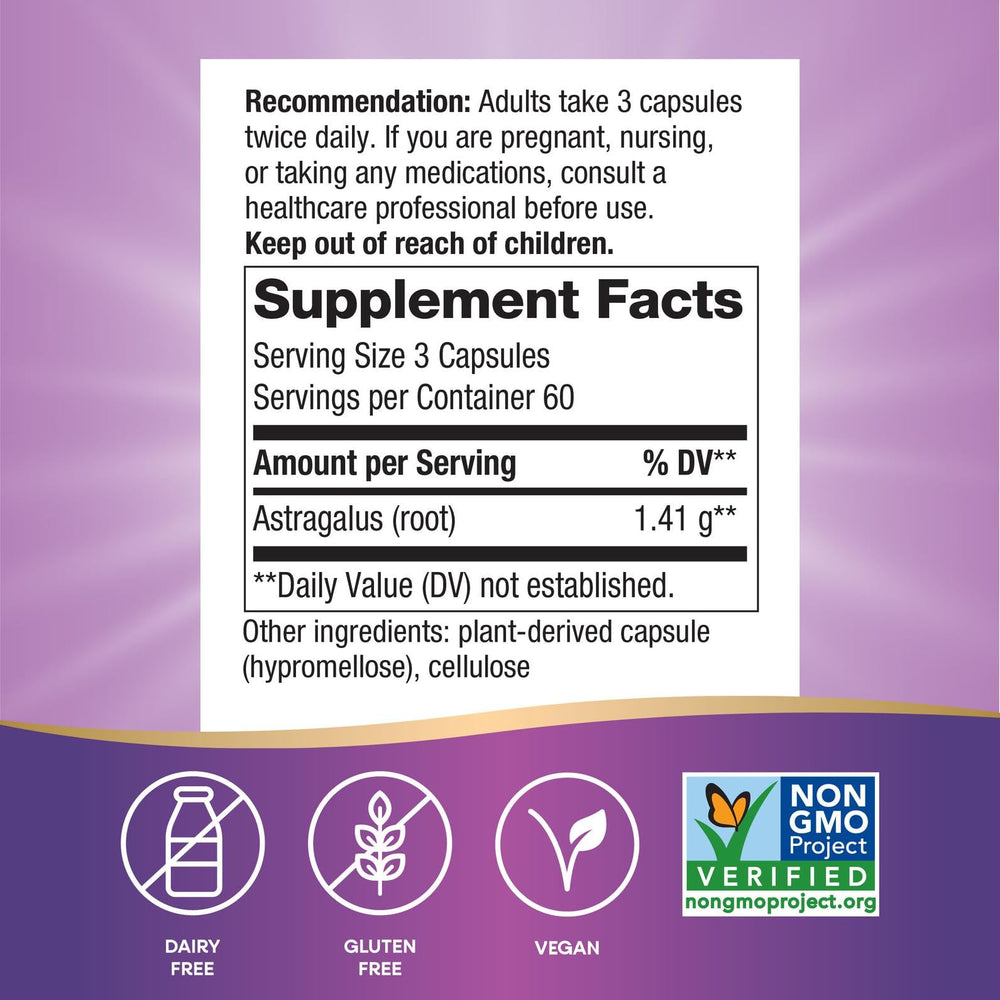 Nature's Way Astragalus Root capsules closeup highlights vegan, non-GMO formulation.