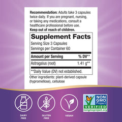 Nature's Way Astragalus Root capsules closeup highlights vegan, non-GMO formulation.