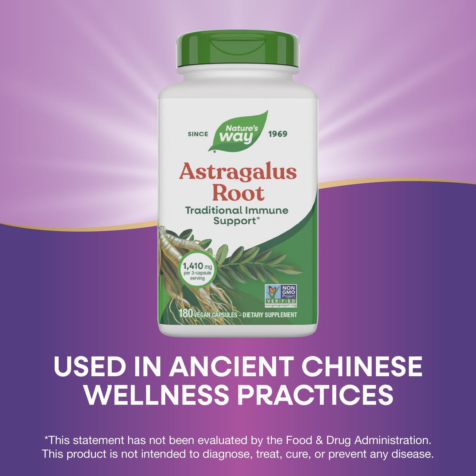 Nature's Way Astragalus Root capsules on table suggest easy daily routine.