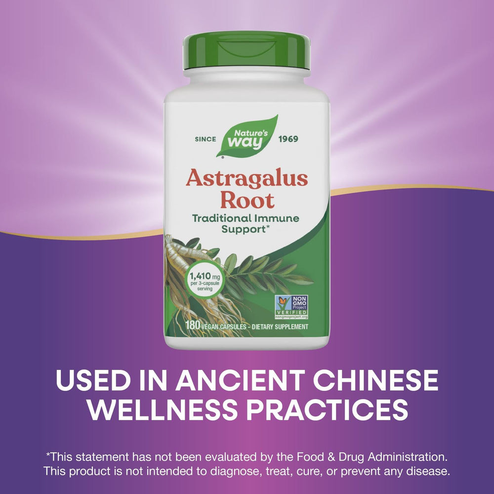 Nature's Way Astragalus Root capsules on table suggest easy daily routine.