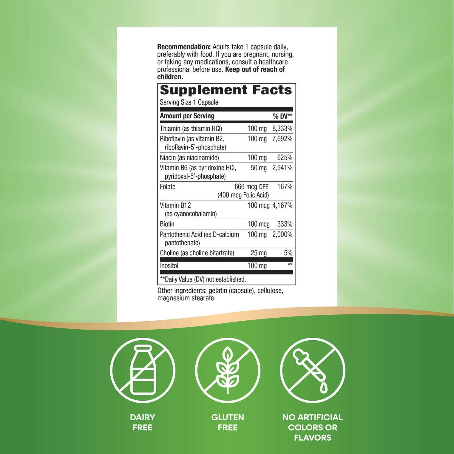 Nature's Way B-100 Complex bottle label close-up showing comprehensive B-vitamins.