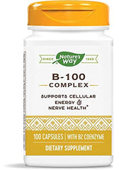Nature's Way B-100 Complex bottle highlighting a high potency B-vitamin formula for energy metabolism and nerve support