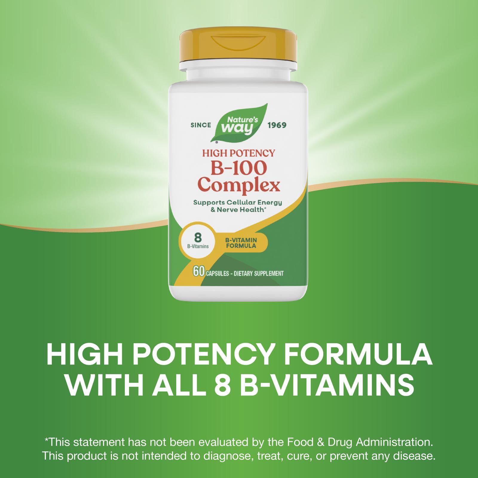 Nature's Way B-100 Complex box and bottle on counter for daily wellness.