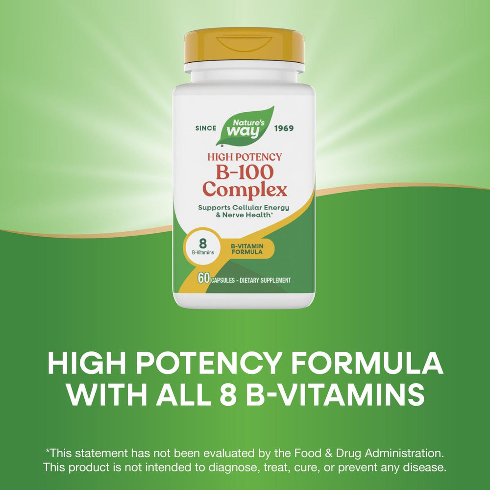 Nature's Way B-100 Complex box and bottle on counter for daily wellness.
