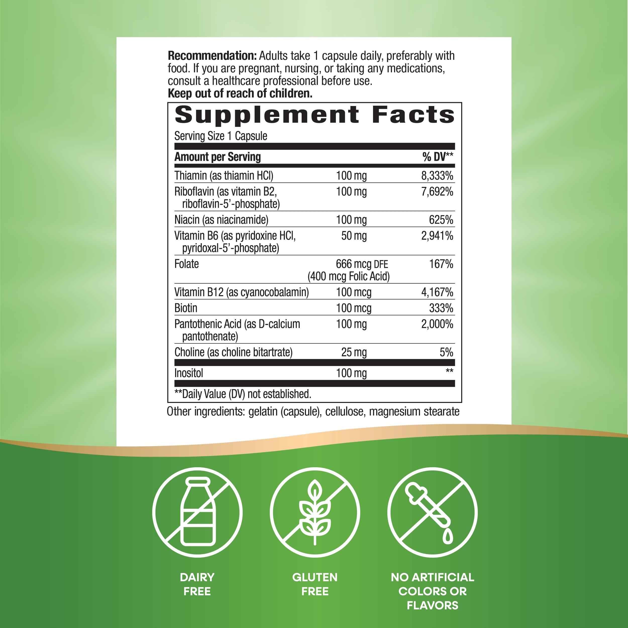 Nature's Way B-100 label close-up highlighting gluten-free formulation