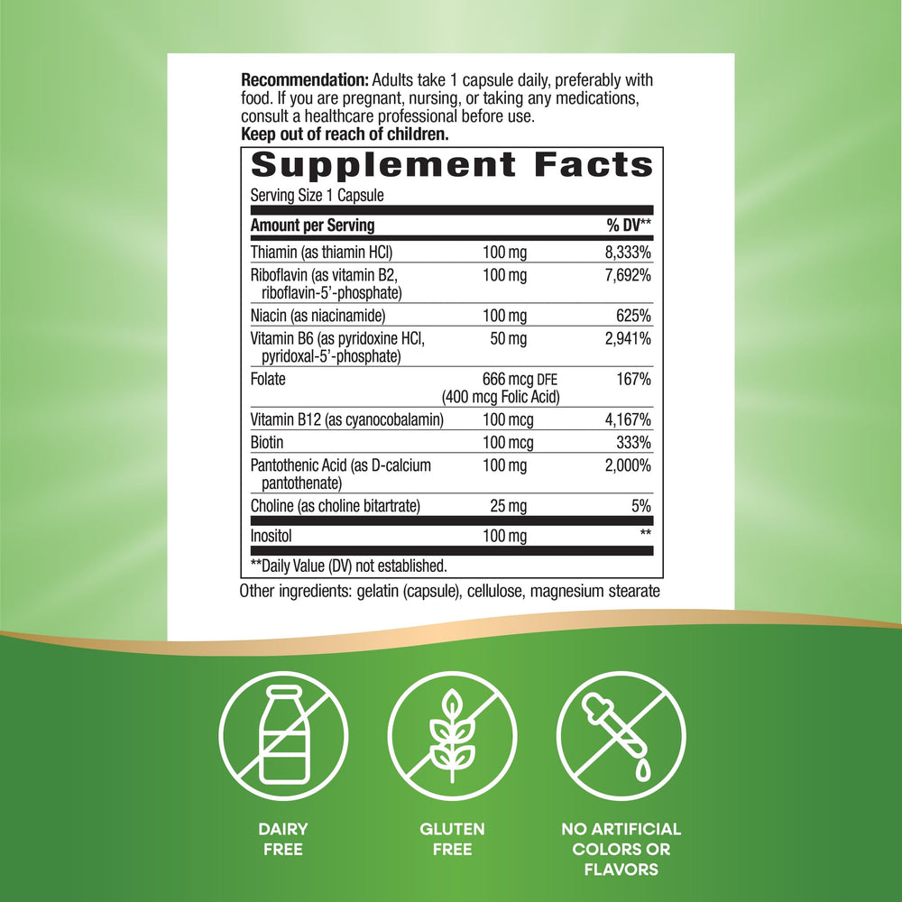 Nature's Way B-100 label close-up highlighting gluten-free formulation